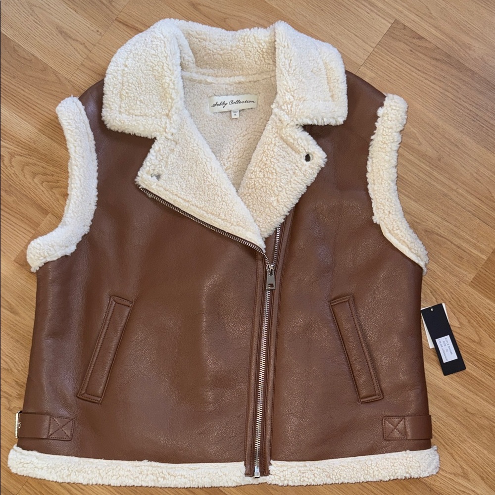 NWT Sebby Collection Moto Vest Brown Cream Shearling Sherpa Size XL